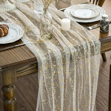 Artoid Mode 6Pcs Beige Gold Gauze Table Runner 120 Inch 10FT Glitter Metallic Foil Sheer Dining Wedding Anniversary Holiday Birthday Table Decor for Home Party