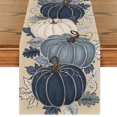Artoid Mode Blue and White Porcelain Pumpkin Ink 210 GSM Fall Table Runner Seasonal Autumn Kitchen Dining Table Decoration for Home Party Decor 13x72 Inch