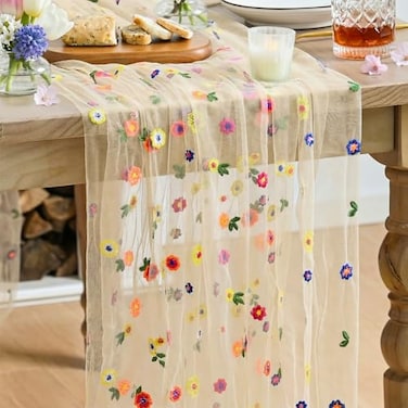 Artoid Mode Champagne Embroidery Daisy Gauze Table Runner 120 Inch 10FT Seasonal Sheer Kitchen Dining Holiday Wedding Birthday Table Decor for Home Party