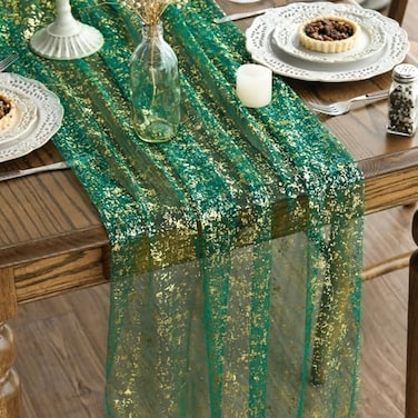 Artoid Mode Green Gold Gauze Table Runner 120 Inch 10FT Glitter Metallic Foil Sheer Dining Wedding Anniversary Holiday Table Decor for Home Party