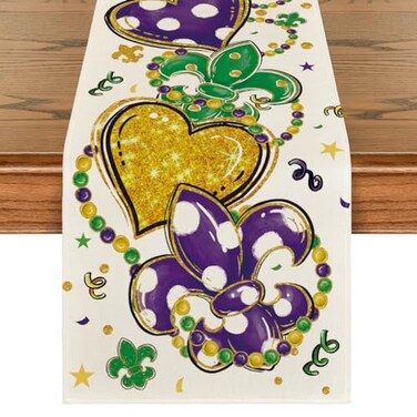Artoid Mode Iris Jewellery Hearts Mardi Gras Table Runner Seasonal Kitchen Dining Table Decoration for Home Party Decor 13x72 Inch