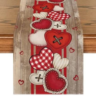 Artoid Mode Wood HeartShaped Buttons Valentines Table Runner Seasonal Kitchen Dining Table Decoration for Indoor Home Party 13x72 Inch