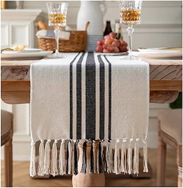 Caflife Boho Table Runner for Modern Farmhouse Decor Dining Table dcor 13 x 108 Inch Long Coffee Table Runner with Handcrafted Tassels Black and Beige for Home Bohemian Decoration
