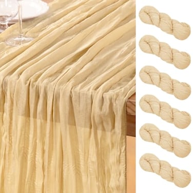 DeZerlor Champagne Gold Cheesecloth Table Runner 6 Pack Summer Table Runners Boho Gauze 120 Inches Cheese Cloth Table Decor for Wedding Bridal Baby Shower Parties