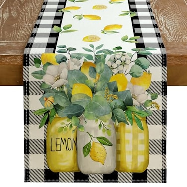 GEEORY Black Buffalo Check Summer Table Runner 72 Inch Lemon Vase Spring Farmhouse Rustic Holiday Runners Kitchen Dining Table Decoration for Indoor Outdoor Dinner Party Dcor GT10972