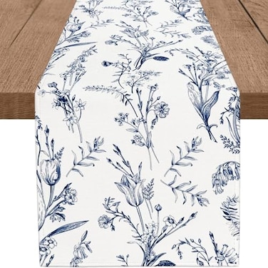 PROCIDA Navy Blue Floral Table Runner Summer Wildflower Runner for Table Small Seasonal Spring Coffee Table Center Decor for Home Holiday Party Indoor Outdoor 13x108 Inch