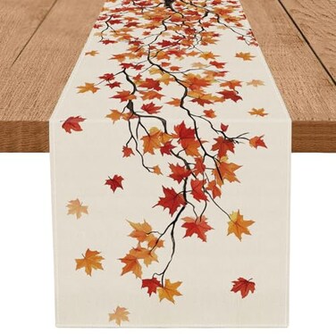 QIONG MENG Fall Table Runner Maple Leaf Seasonal Autumn Burlap Table Decoration Holiday Home Party Kitchen Dining Table Supplies 13x72 Inch