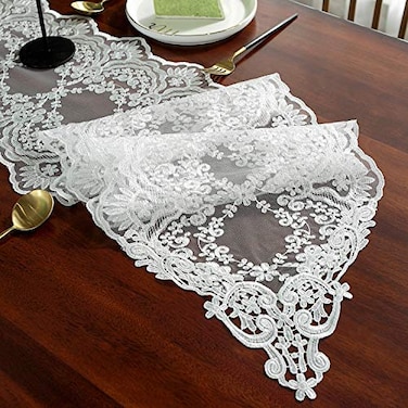 SUTAVIA Lace Patio Table Runner Embroidered Dresser Scarf Classic Rectangular Macrame Tablerunnerfor Kitchen Dining Picnic Coffee Tableand Wedding Banquet Home DecorationWhite 1260