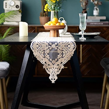 SUTAVIA Lace Table Runner Embroidered Dresser Scarf Classic Rectangular Macrame Tablerunnerfor Kitchen Dining Picnic Coffee TableMantel Scarf and Wedding Banquet Home Decoration Gold 1248