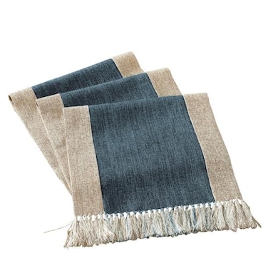 HomeyHo Heavy Rustic Table Runner with Fringe Blue Linen Table Runner for Dining Living Room Boho Farmhouse Style Washable Wide 15 x 71 Inch