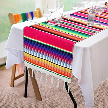 Fowecelt Mexican Serape Table Runner 14 x 84 Inch for Mexican Party Wedding Decorations Outdoor Picnics Dining Table Cotton Table Runners for Fringe