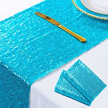 ShinyBeauty Turquoise Table Runners Pack of 2 Sequin 12inx108in Aqua Blue Bridal Shower Decorations Wedding Reception Round Table Runners for Dining Room