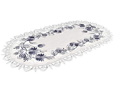 Linens, Art Embroidered Delft Blue Onion Flower Table Runner Dresser Scarf Doily 14Wx27L
