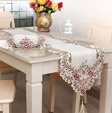 LeLehome 15 X 58 Classic Table Runner Flowers Embroidery Lace Long Table Top Party Dining Wedding Holiday Floral Home Decoration Dark Red Rose