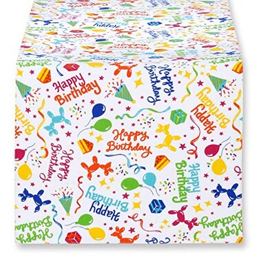 Cackleberry Home Happy Birthday Balloon Dogs Cotton Table Runner Reversible 14 x 72 Inches