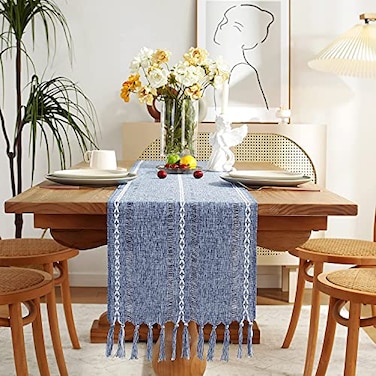 Chassic Rustic Farmhouse Style Linen Table Runner Boho Handmade Tassel Hemstitched Embroidered Table Runners 108 Inches Long for Holiday Party Dresser and Dining Decorations 13 x 108 inch Blue