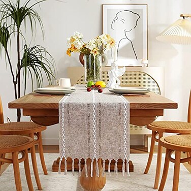 Chassic Fall Rustic Farmhouse Style Linen Table Runner Boho Handmade Tassel Table Runners 90 Inches Long for Holiday Party Thanksgiving and Dining Decorations 13 x 90 inch Light Coffee
