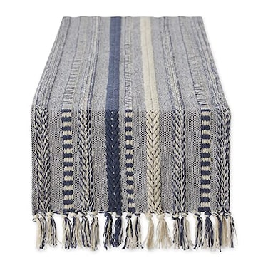 DII Farmhouse Braided Stripe Table Runner Collection 15x108 15x113 Fringe Included French Blue