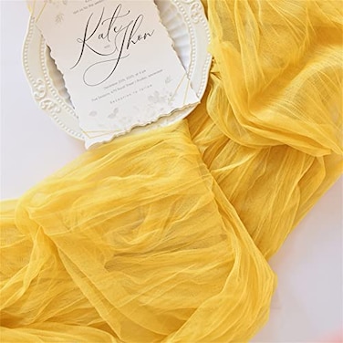 Joanlody Yellow Cheesecloth Table Runner Summer 10Ft Rustic Gauze Boho Cheese Cloth Table Runner for Wedding Bridal Baby Shower Birthday Tea Garden Party Decoration