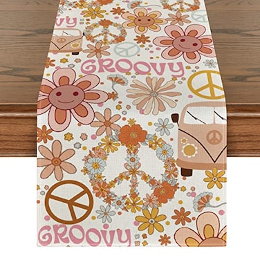 Artoid Mode Daisy Flower Peace and Love Table Runner Wreath Float Groovy Kitchen Dining Table Decoration for Outdoor Home Party 13x72 Inch