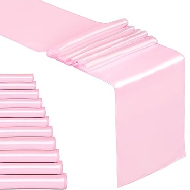 FYNITE 12 Pack Baby Pink Satin Table Runner 12 x 108 Inches Long Bright Satin Silky Smooth Table Decor for Birthday Party Decorations Wedding Banquets