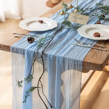 Keketoarrange Summer Table Runner Light Blue Cheesecloth Gauze Rustic Cheese Cloth Table Runner 120 Inch 10 FT for Weding Baby Shower Summer Pool Beach Picnic Garden Camping Outdoor Party Decorations