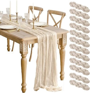 WJWHQ 12 Pcs Beige Cheesecloth Table Runner 13ft Boho Gauze Cheesecloth Table Runner 160 inch Long for Christmas Wedding Bridal Baby Shower Birthday Table Decorations