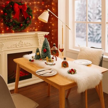 MeiSan Table Runner Modern White Thanksgiving Fur Table Runners for Christmas Wedding Party Holiday Birthday Home Farmhouse Dining Coffee Table Decor Decoration Rug Bed Runner for Table 118x708 inch