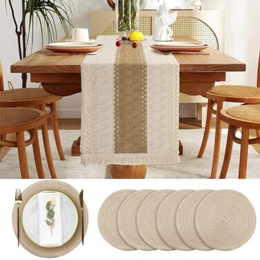 Cunhill 7 Pcs Boho Table Runners and Boho Round Placemats Splicing Woven Macrame Table Runner with Tassels Farmhouse Dining Decor for Christmas Wedding Kitchen Dining12 x 108 Inch