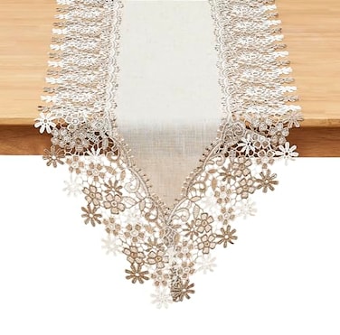 Winotic Natural Neutral Earth Tones Beige Floral Lace Table Runner Dresser Scarf 36 inches Long for Home Decor 16 x36 Natural