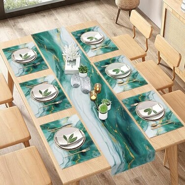 Culudea Emerald Green Gold Marble Table Runner and Placemats Set of 6 Agate Teal Stone Abstract Dining Decor for Daily Use1 Table Runner 72 inches Long and 6 Placemats