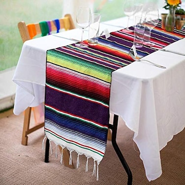 Xplanet Mexican Table Runner 14 x 84 inch Colorful Striped Mexican Serape Blanket Party Wedding Decorations Fringe Cotton Table Runner