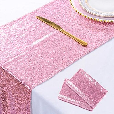ShinyBeauty Fuchsia Pink Table Runners Pack of 2 Pink Gold Sequin Table Runners 12inx108in Rose Pink Sequin Table Runner 108 Xmas Table Runner for Coffee Table Wedding Table Linen Party Decorations