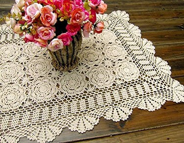 Damanni Rectangular Cotton Handmade Crochet Lace Table Runner Doilies Table Dresser Scarf Dcor19 Inch by 35 InchBeige