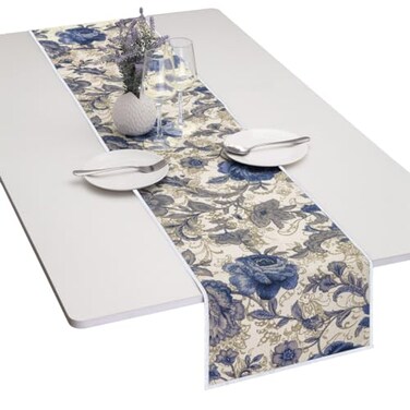 mookaitedecor Cotton Table Runner Blue Flower Table Runners for Dinner Parties Weddings Decor Everyday Use 12 x 60 Inch