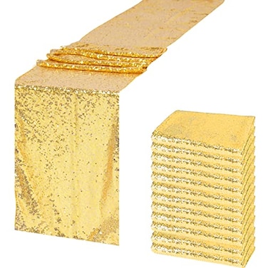 JYFLZQ Gold Sequin Table Runner 12x72 Pack of 10 Glitter Metallic Table Runners Sparkly Sequin Runners for Table Wedding Birthday Party Decor