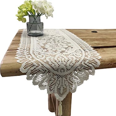 Tinsow 2 Pack Cotton Crochet Lace Rectangular Table Runner Dresser Scarf Doilies Tassle Beige Style 13 X 44