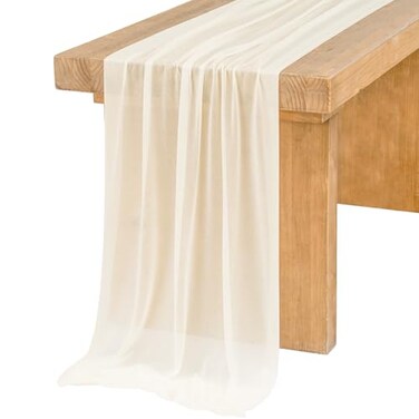 Ling's moment Lings Moment 14Ft Ivory Sheer Extra Long Chiffon Like Table Runner with Silver Sparkle for Rustic Boho Beige Table Runner Wedding Party Bridal Shower Decorations