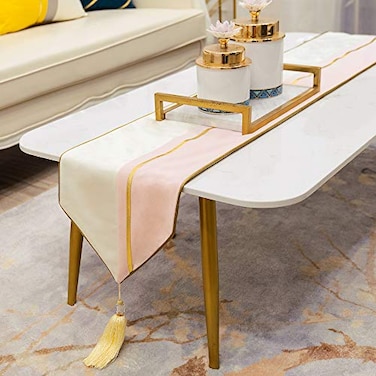 Avigers Ice Berry Powder Table Runner with Tassels 12 x 59 Inch Modern Luxury Geometric Table Runner for Coffee Table Dining Table Console Dresser Decorative Fabric Table Scarf for Home Decor