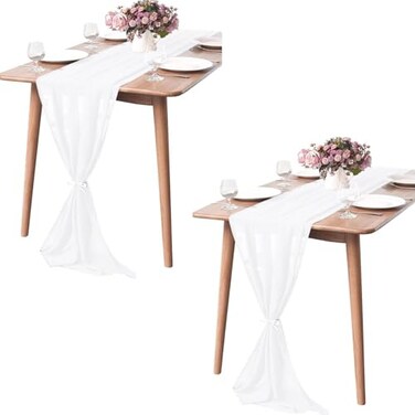 Pufogu 2 Pack 10Ft White Chiffon Table Runner Sheer 29x120 Inch for Romantic Wedding Decor Bridal Baby Shower Birthday Rustic Party Decoration