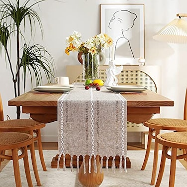 Chassic Fall Rustic Farmhouse Style Linen Table Runner Boho Handmade Tassel Table Runners 72 Inches Long for Holiday Party Thanksgiving and Dining Decorations 13 x 72 inch Light Coffee