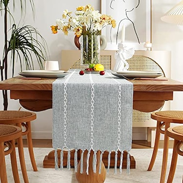 Chassic Rustic Farmhouse Style Linen Table Runner Boho Handmade Tassel Embroidery Table Runners 72 Inches Long for Holiday Party Dresser and Dining Decorations 13 x 72 inch Light Grey