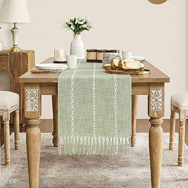 ZeeMart Farmhouse Braided Striped Table Runner Rustic Sage Green Table Runners 108 Inches Long Boho Home Decor Desert Sage 15x108 Inches