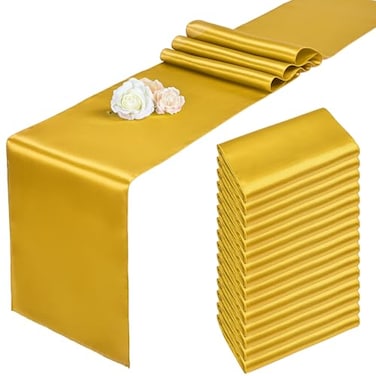 Pesonlook 15 Pack Gold Satin Table Runners 12 x 108 Inch Long Table Runners for Rectangle Round Tables Smooth Satin Table Runner for Wedding Birthday Party Banquets Decoration