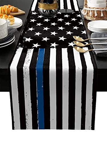 Ldtrchee Thin Blue Line Black Table Runner Cotton Linen 36 Inches Long American Police USA Flag Dress Scarves Rustic Table Runner for DiningCoffeeHoliday Table Gift for Law Enforcement