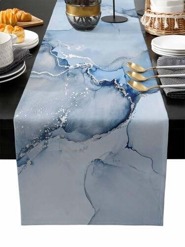 ZOE GARDEN Marble Table Runner 120 Inches Long Ombre Blue Marble Grey Farmhouse Modern Kitchen Dining Burlap Cotton Tablerunner for SmallRoundSquareWeddingCoffeeDining Table Party Home Dcor