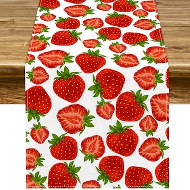 Pudodo Strawberry Table Runner Spring Summer Fruit Strawberry Themed Birthday Baby Shower Party Kitchen Dining Home Decoration 13 x 72