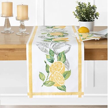 Newbridge Rectangle Fabric Table Runner 70 Inch Long Lemon Orchard IndoorOutdoor Stain Resistant NoIron Fabric Table Runner Fresh Lemon and Citrus Leaf