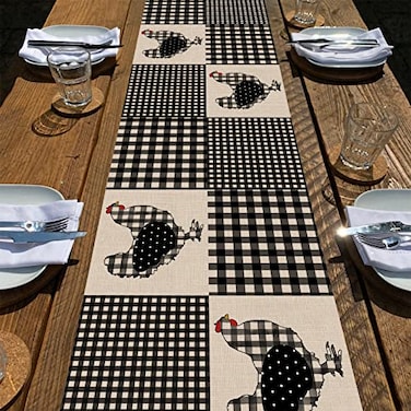 Seliem Farm Animal Chicken Hen Black White Buffalo Plaid Check Table Runner Farmhouse Chick Home Kitchen Holiday Spring Summer Decor Easter Country Rustic Burlap Dining Decoration Party Supply 13x72