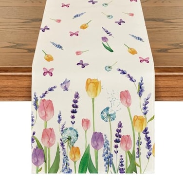 Artoid Mode Lavender Tulip Summer Table Runner Spring Seasonal Anniversary Holiday Kitchen Dining Table Decoration for Indoor Outdoor Home Party Decor 13 x 36 Inch